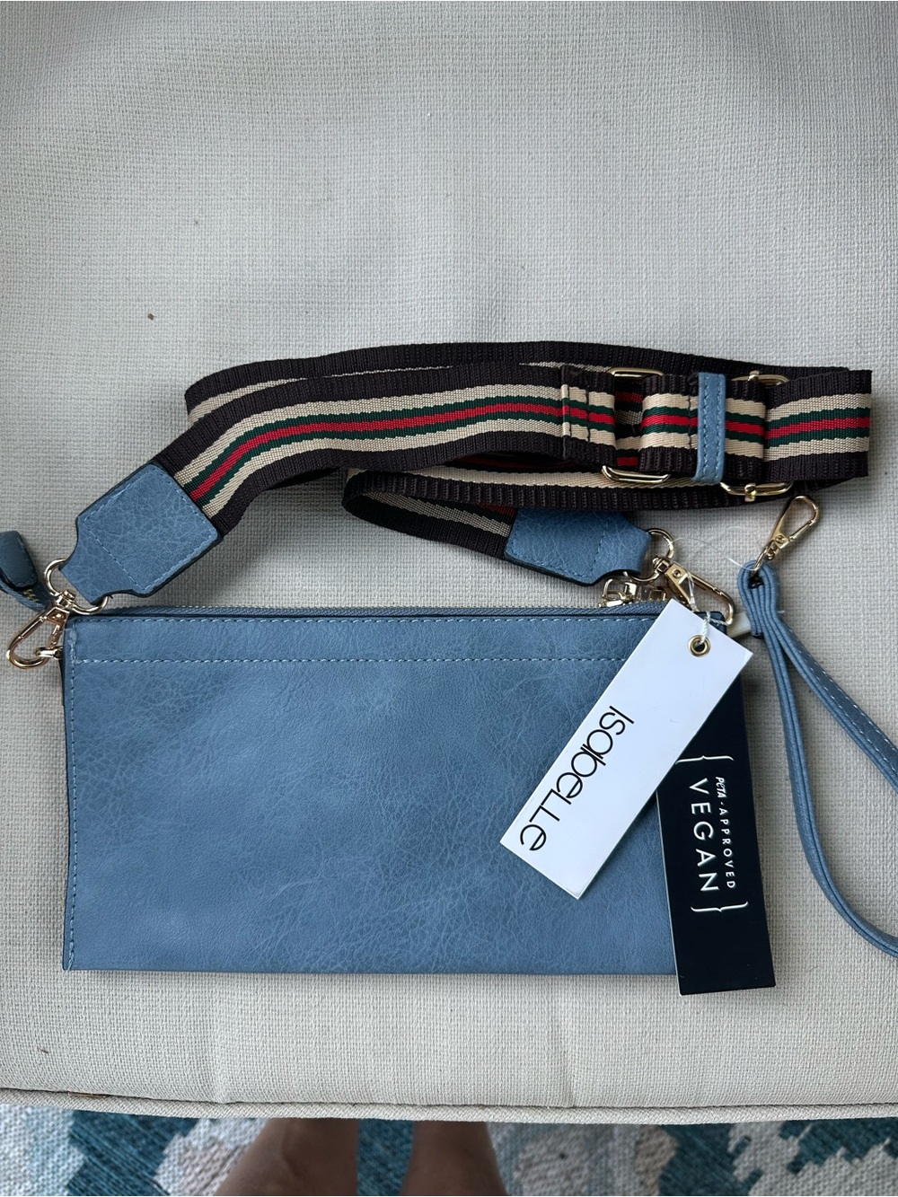 Isabelle Vegan Blue Crossbody Bag with Striped Strap